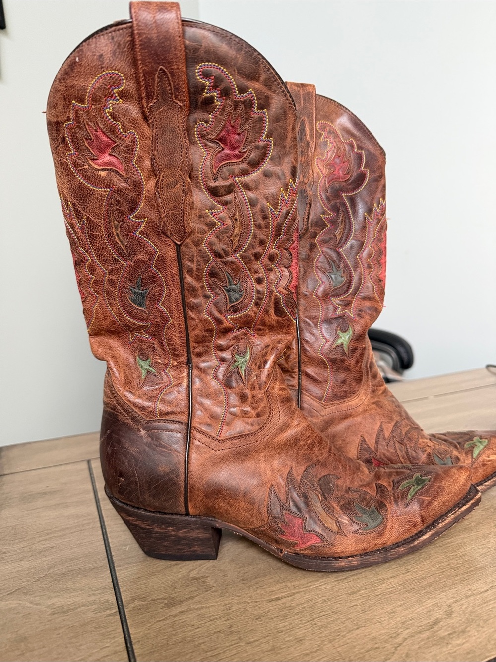 Dan Post Brown Leather Western Cowboy Boots with Multicolor Stitching